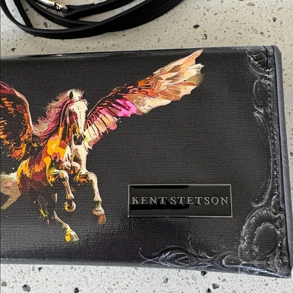 KENT STETSON Gray Coated Canvas Pegasus Print Art Clutch Handbag Handmade USA